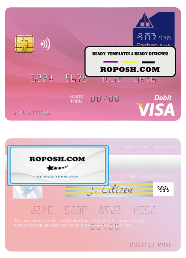 Ethiopia Dashen Bank visa debit credit card template in PSD format