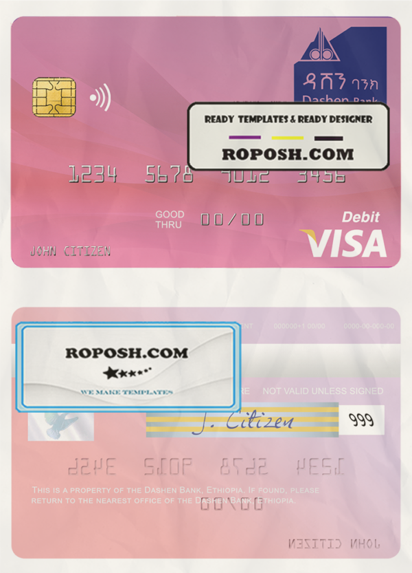 Ethiopia Dashen Bank visa debit credit card template in PSD format scan effect