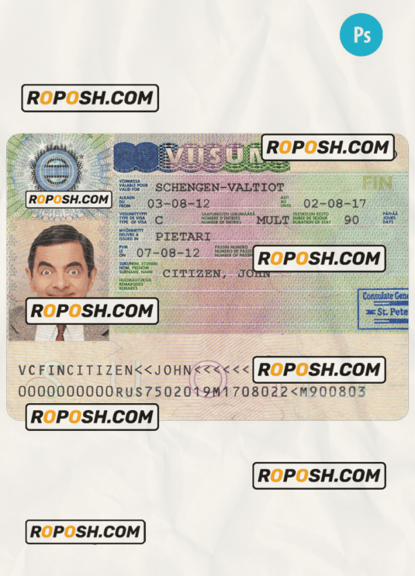 FINLAND schengen visa PSD template, completely editable, with fonts