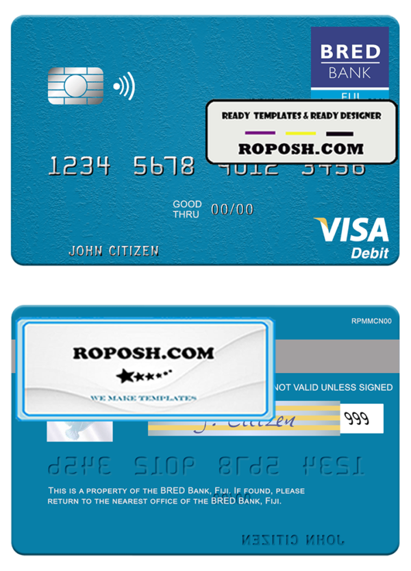 Fiji BRED Bank visa debit credit card template in PSD format