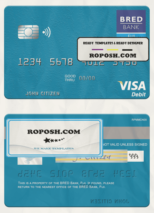 Fiji BRED Bank visa debit credit card template in PSD format
