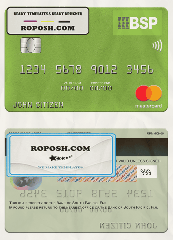 Fiji Bank of South Pacific mastercard credit card template in PSD format