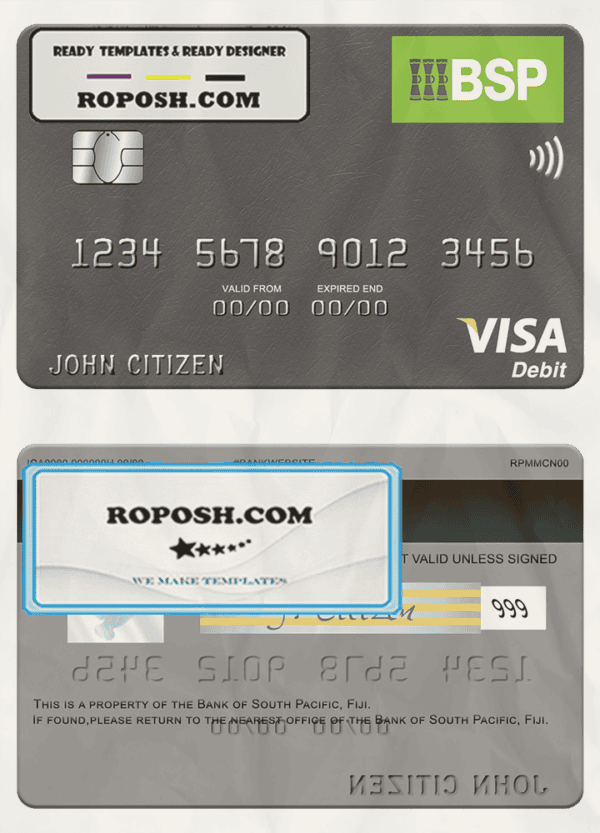 Fiji Bank of South Pacific visa debit card template in PSD format