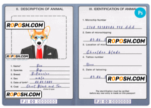 Fiji dog (animal, pet) passport PSD template, completely editable