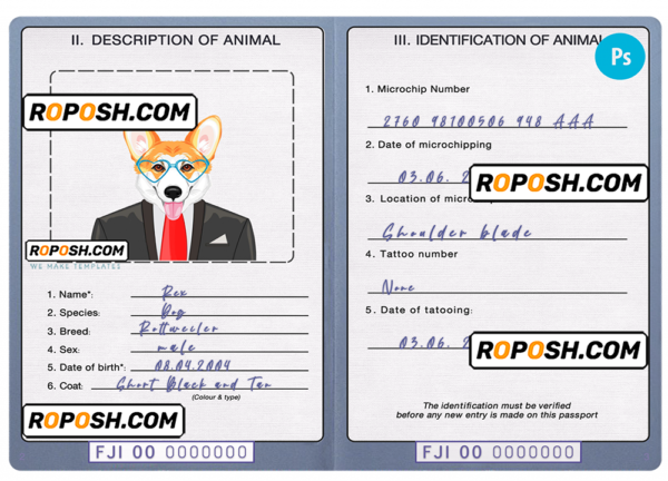 Fiji dog (animal, pet) passport PSD template, completely editable