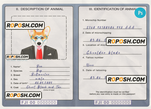 Fiji dog (animal, pet) passport PSD template, completely editable scan effect
