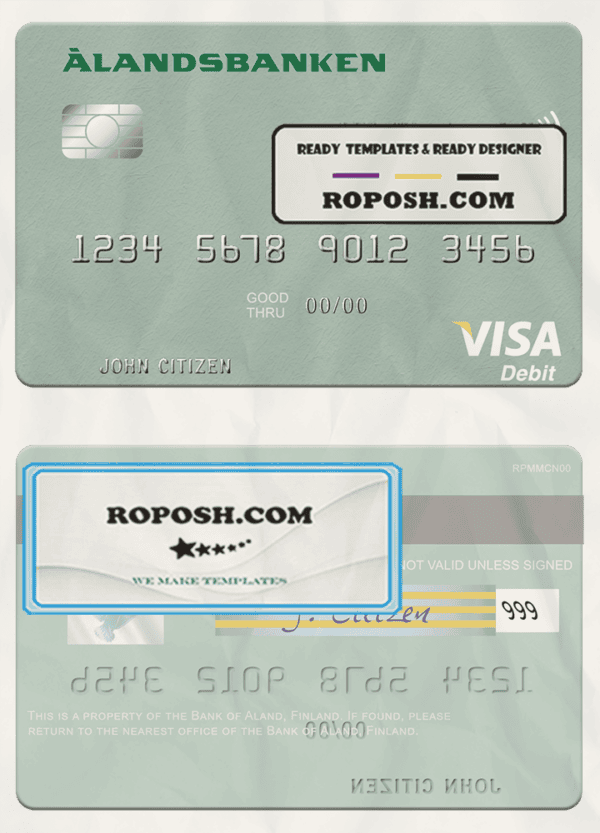 Finland Bank of Aland visa debit credit card template in PSD format