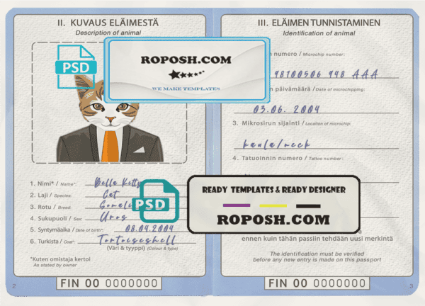 Finland cat (animal, pet) passport PSD template, completely editable