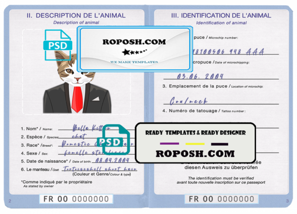 France cat (animal, pet) passport template, fully editable