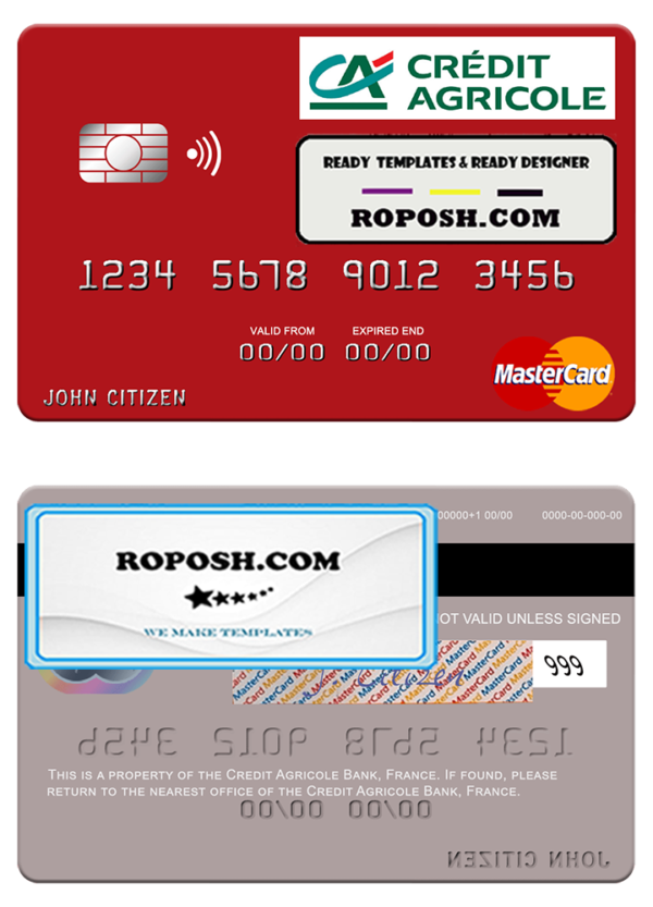 France Credit Agricole Bank mastercard credit card template in PSD format