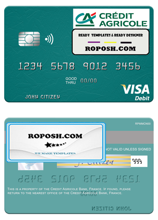 France Credit Agricole Bank visa debit card template in PSD format
