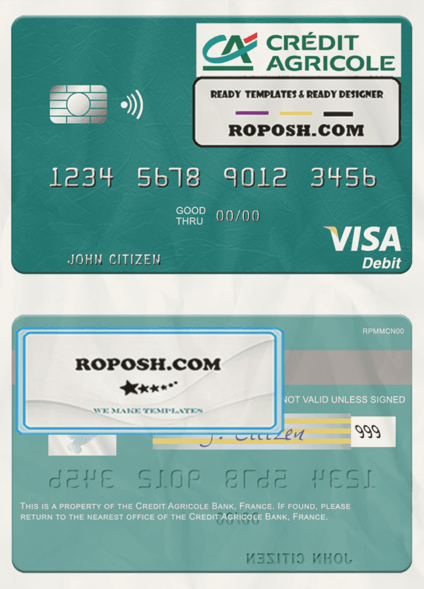 France Credit Agricole Bank visa debit card template in PSD format