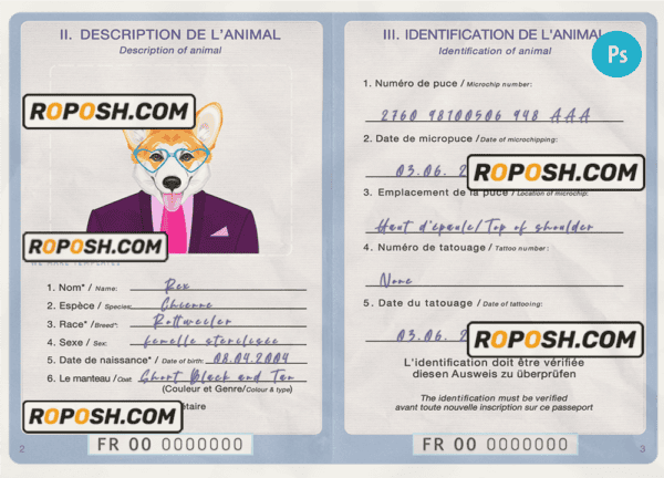France dog (animal, pet) passport PSD template, completely editable