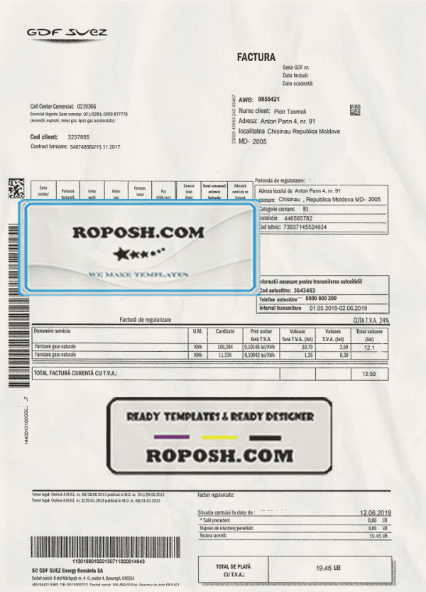Moldova Gas utility bill template, fully editable in PSD format