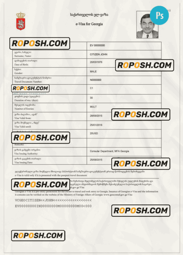 GEORGIA electronic visa PSD template, completely editable, with fonts