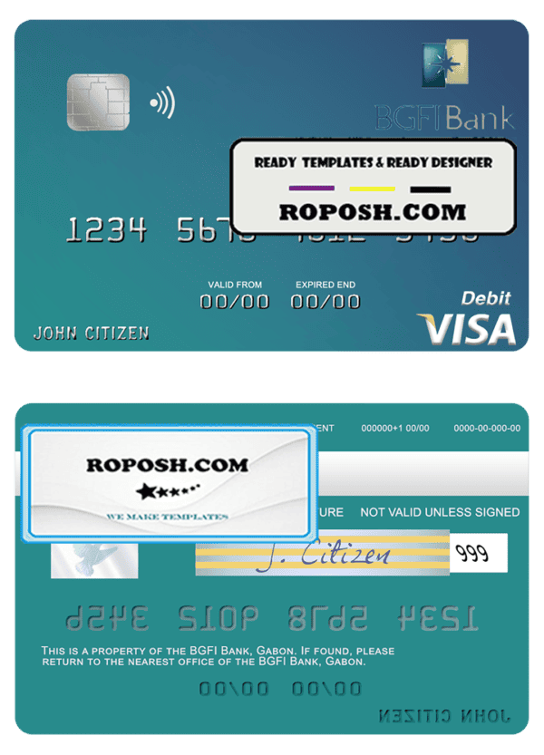 Gabon BGFI Bank visa debit card template in PSD format