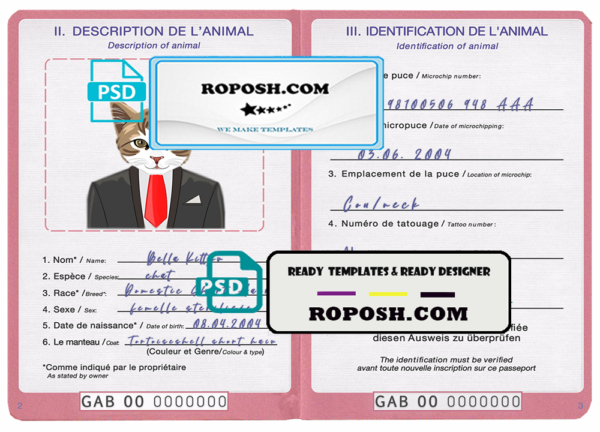Gabon cat (animal, pet) passport PSD template, fully editable