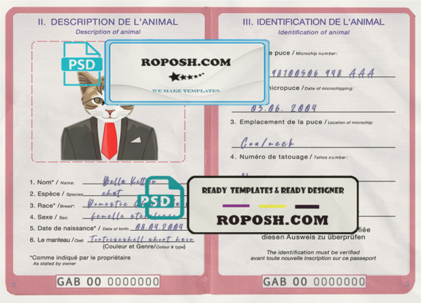 Gabon cat (animal, pet) passport PSD template, fully editable scan effect