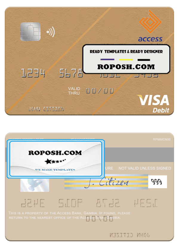 Gambia Access Bank visa debit card template in PSD format