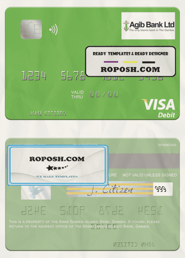 Gambia Arab Gambia Islamic Bank visa debit card template in PSD format