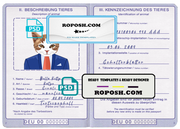 Germany cat (animal, pet) passport PSD template, completely editable
