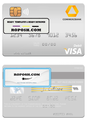 Germany Commerz Bank visa debit card template in PSD format