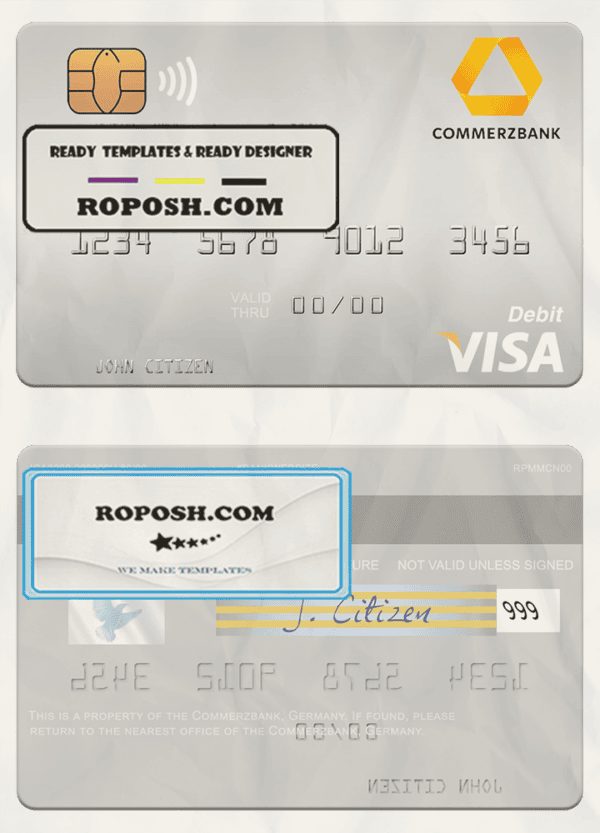 Germany Commerz Bank visa debit card template in PSD format