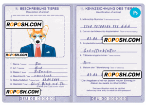 Germany dog (animal, pet) passport PSD template, fully editable