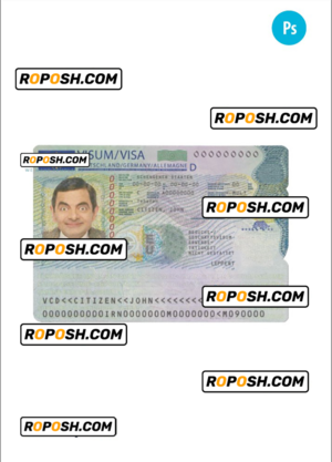 Germany Schengen visa template in PSD format, 2 PSD files fully editable, 2018 – present