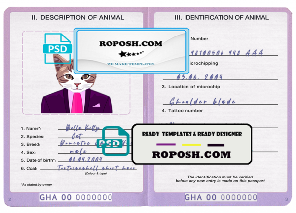 Ghana cat (animal, pet) passport PSD template, completely editable