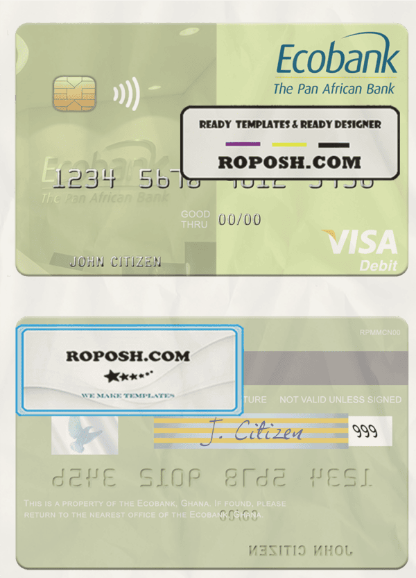 Ghana Ecobank Ghana visa debit card template in PSD format