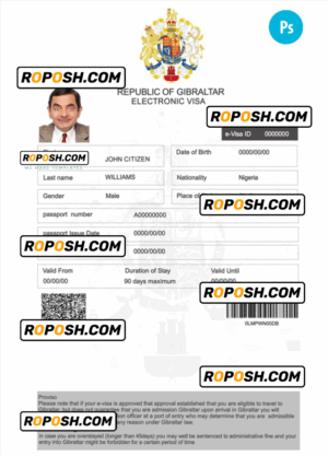 Gibraltar electronic visa PSD template, completely editable