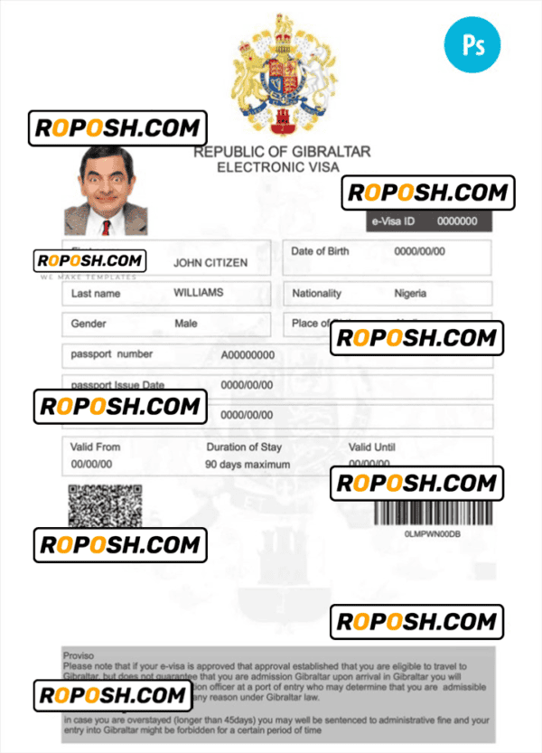 Gibraltar electronic visa PSD template, completely editable