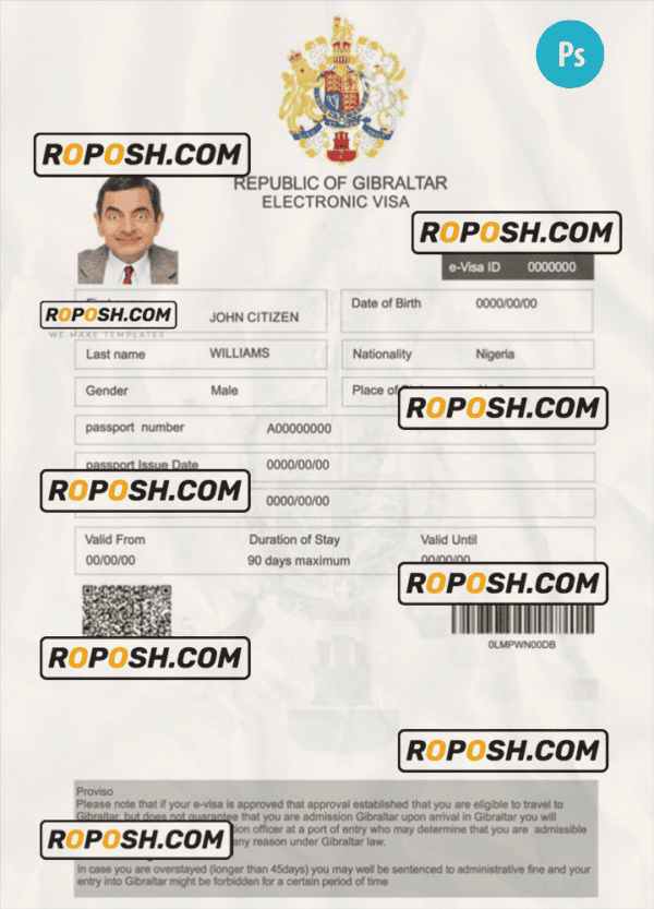Gibraltar electronic visa PSD template, completely editable