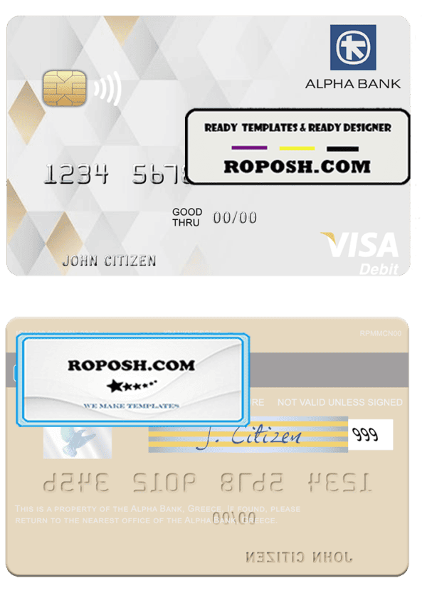 Greece Alpha Bank visa debit card template in PSD format