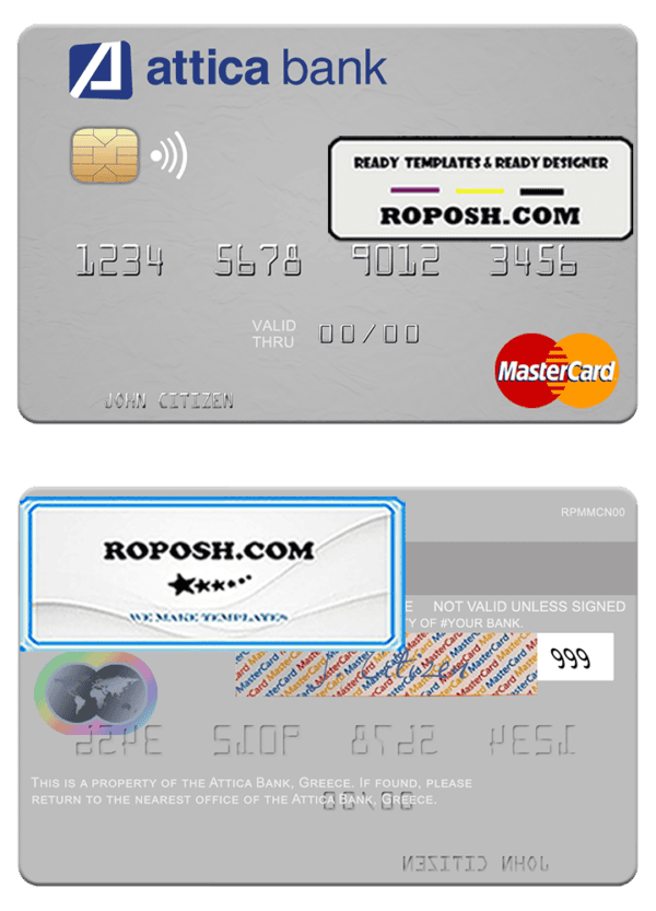 Greece Attica Bank mastercard credit card fully editable template in PSD format