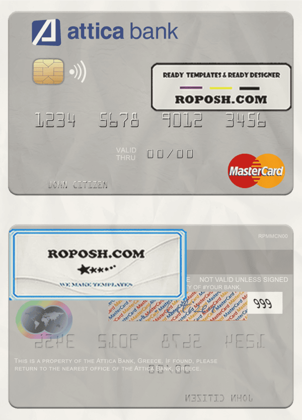 Greece Attica Bank mastercard credit card fully editable template in PSD format