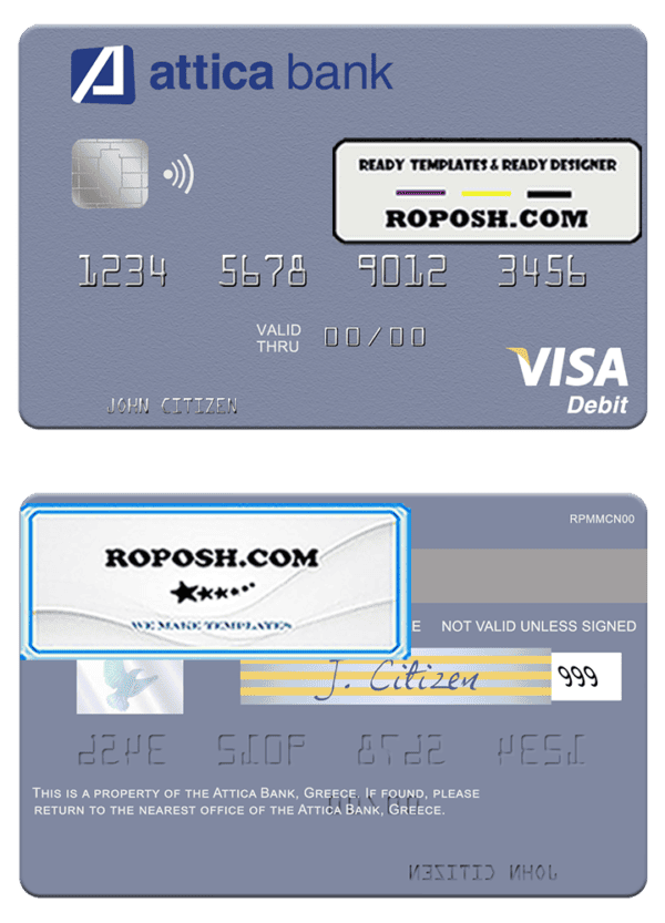 Greece Attica Bank visa card fully editable template in PSD format