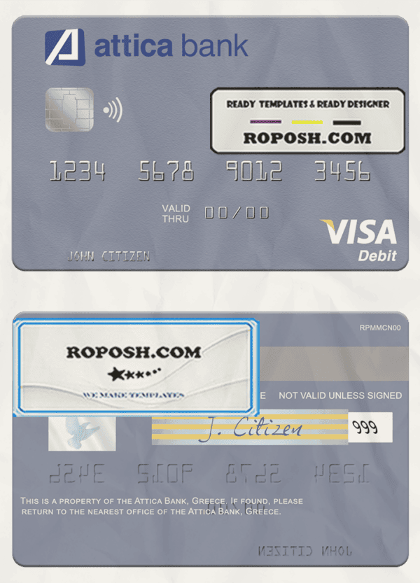 Greece Attica Bank visa card fully editable template in PSD format
