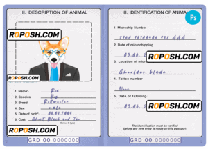 Grenada dog (animal, pet) passport PSD template, fully editable