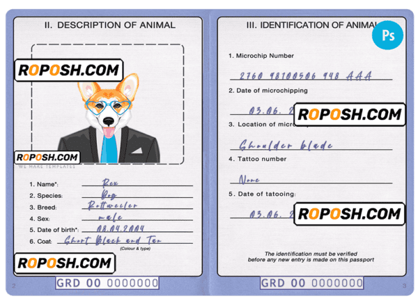Grenada dog (animal, pet) passport PSD template, fully editable