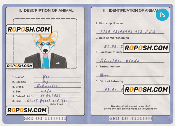 Grenada dog (animal, pet) passport PSD template, fully editable