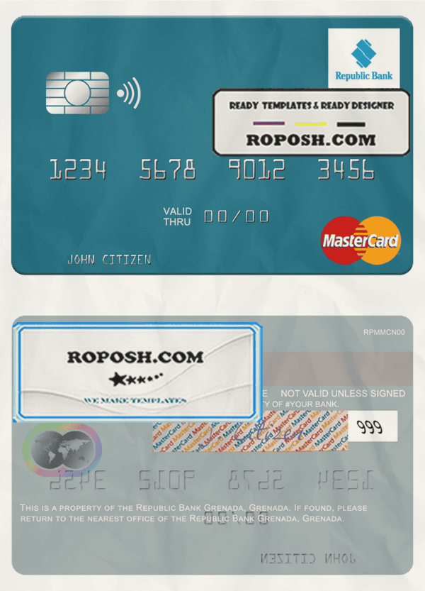 Grenada Republic Bank mastercard fully editable template in PSD format
