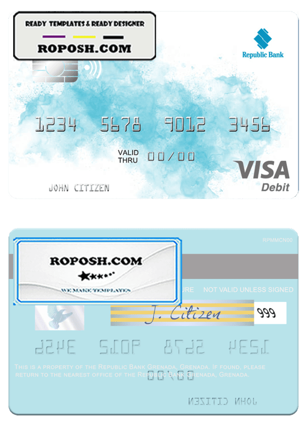 Grenada Republic Bank visa card fully editable template in PSD format