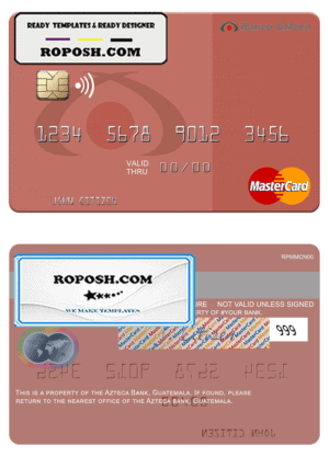 Guatemala Azteca Bank mastercard fully editable template in PSD format