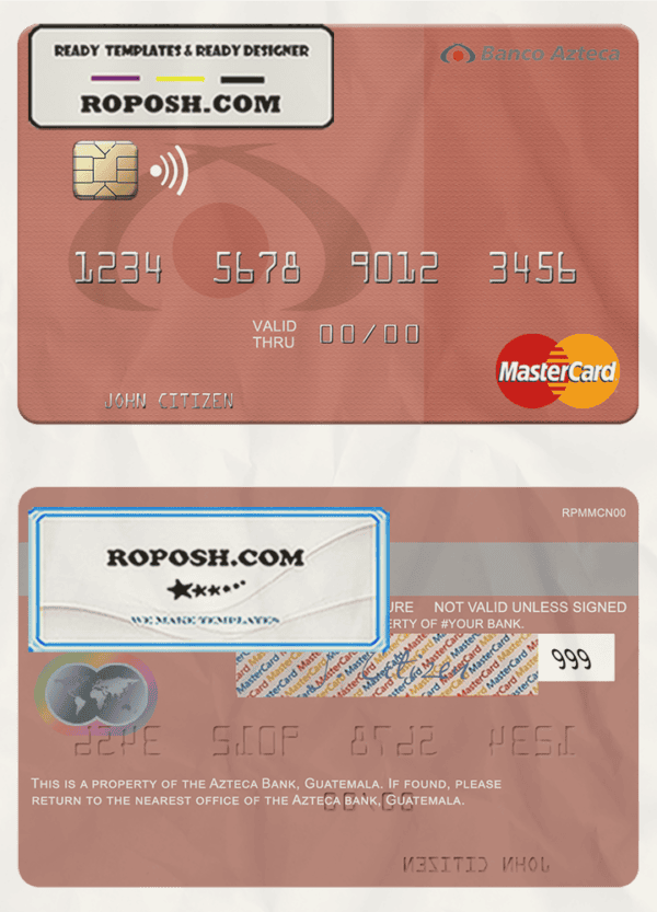 Guatemala Azteca Bank mastercard fully editable template in PSD format