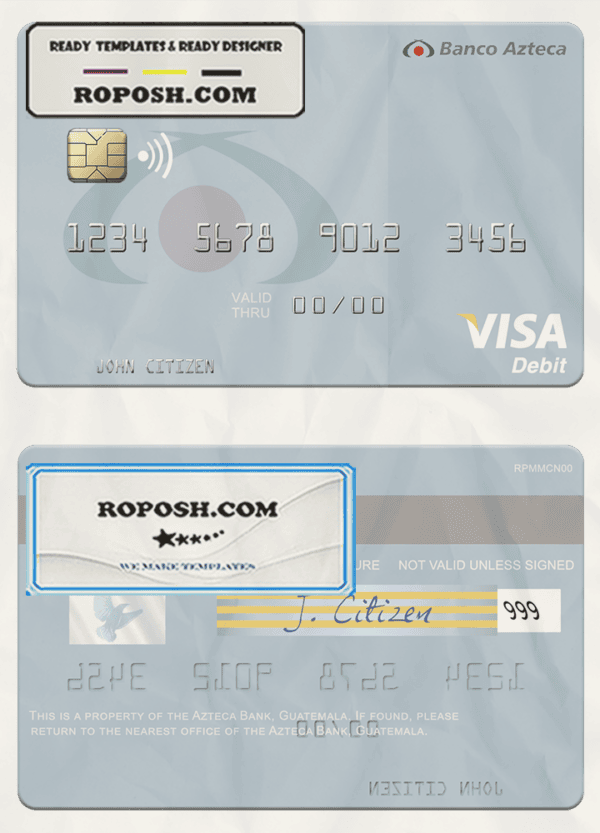 Guatemala Azteca Bank visa card fully editable template in PSD format