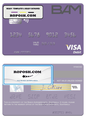 Guatemala Banco Agromercantil visa card fully editable template in PSD format