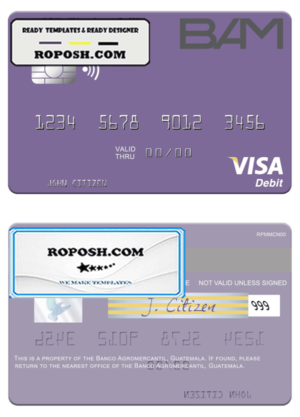 Guatemala Banco Agromercantil visa card fully editable template in PSD format