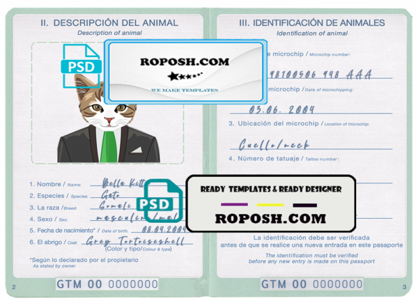 Guatemala cat (animal, pet) passport PSD template, completely editable